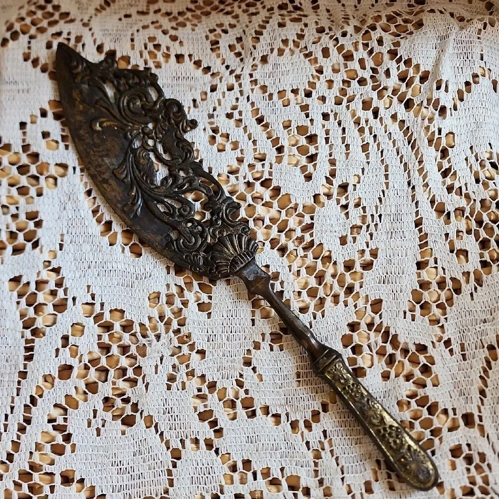 Vintage Ornate Weighted Brass Fish Serving Knife Ren Fest